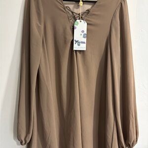Show Me Your MuMu Brown Tie Front Long Sleeve Blouse